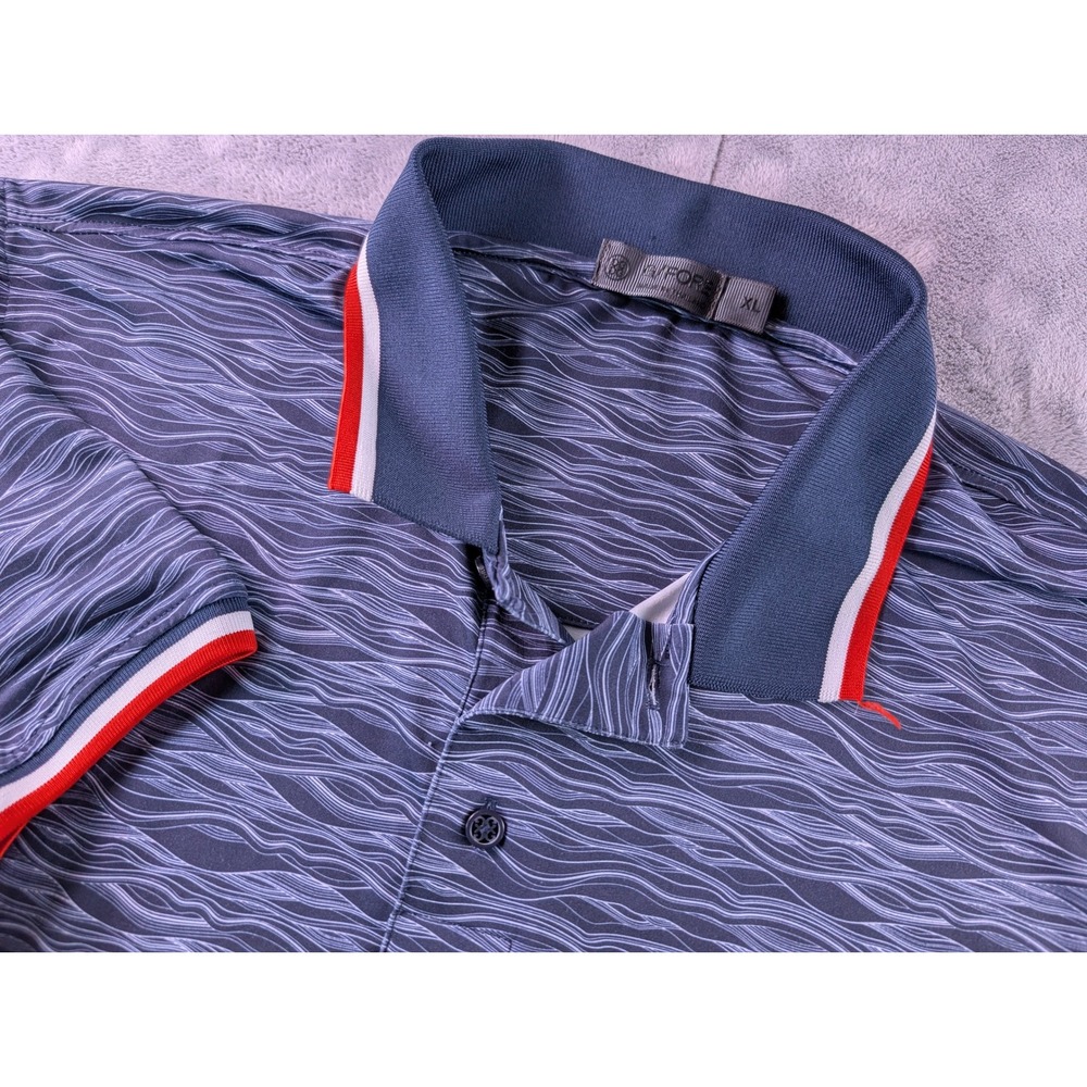G/FORE Mens XL Golf Polo Shirt Navy Blue White Wave Print Tipped Collar Logo